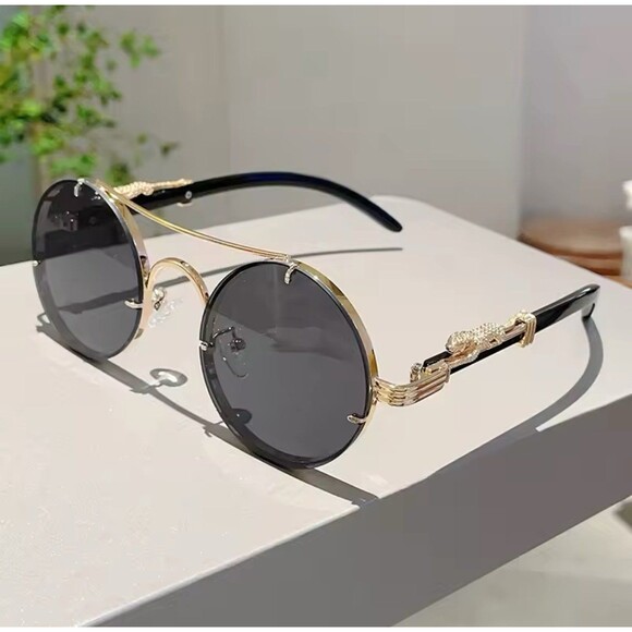 Vintage Round Sunglasses Men Fashion Double Bridge Black Gold Shades Women Retro - Picture 3 of 5